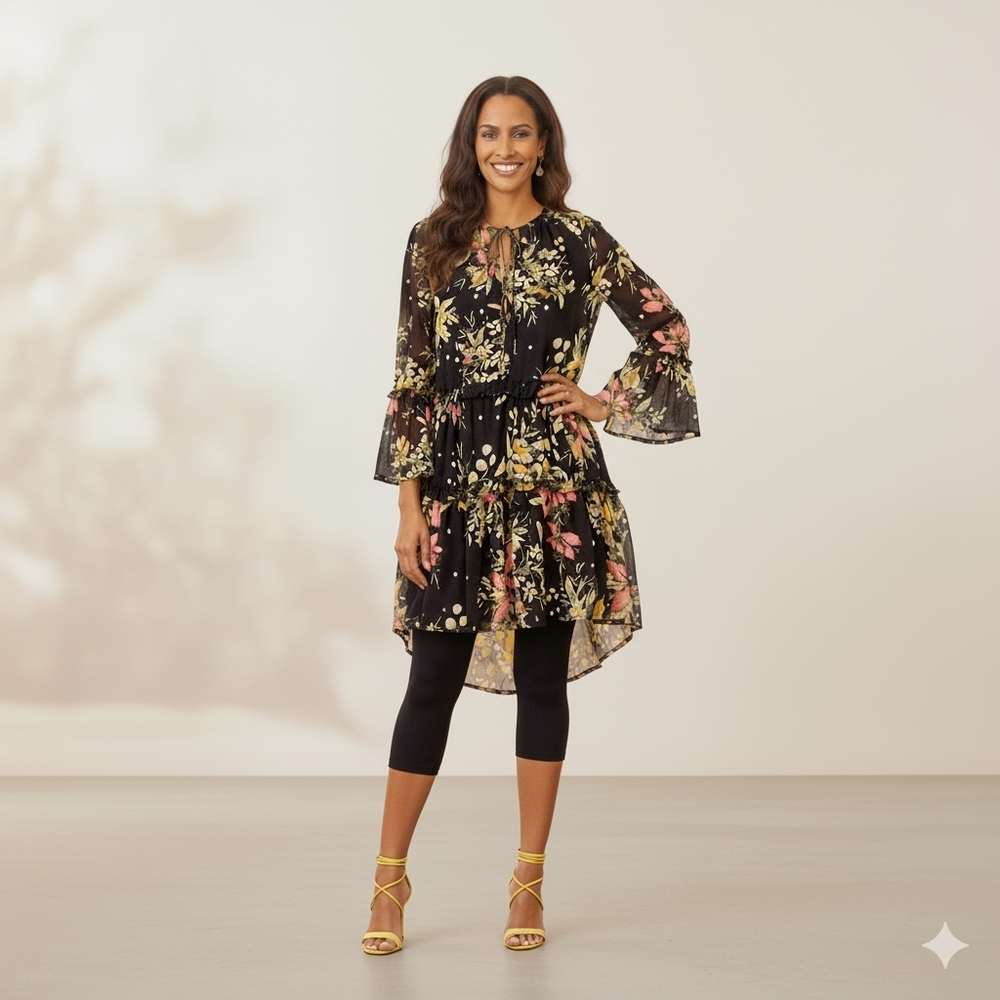 Rachel Zoe Size L Tunic Black Chiffon Floral Swing Cover-up Long Sleeve Spring - Picture 16 of 16
